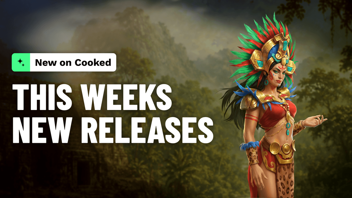 Sixty-plus titles across forty-five studios drop on Cooked this week. Hacksaw Gaming's The Jade Path Hold & Win leads the week alongside Pragmatic Play's Big Bass Halloween Splash 1000 and Peter & Sons' Inks & Pints. Halloween themes are running strong across the lobby.