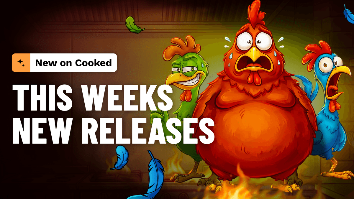 Fifty-plus titles across forty studios land on Cooked this week. BGaming's Red Hot Chilli Chickens leads the week alongside Hacksaw Gaming's Le Bandit Hold & Win and Peter & Sons' Viking Legacy. Pragmatic Play brings three new slots and Evolution Gaming adds a Ukrainian Free Bet Blackjack table.